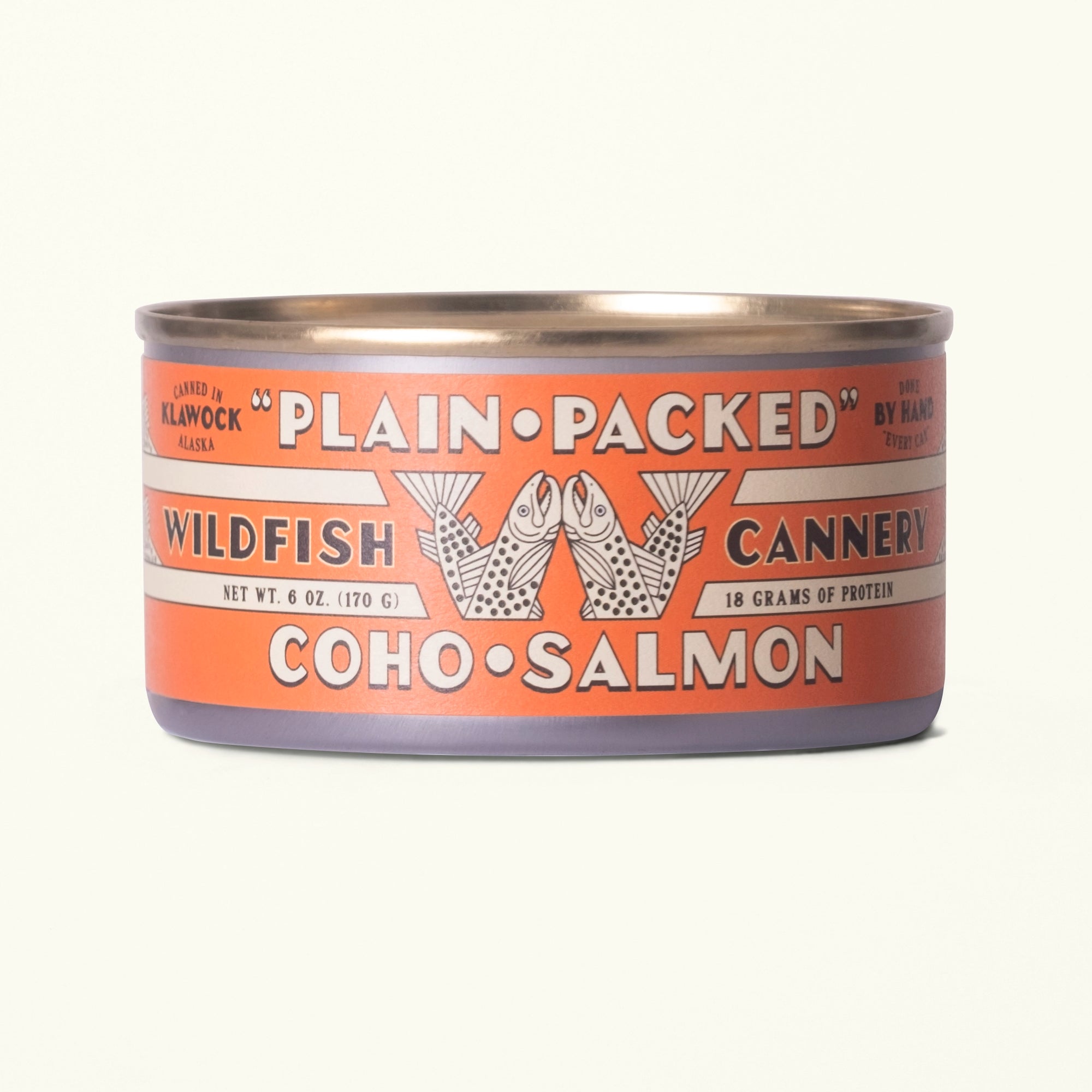 Can of Plain Packed Wildfish Canned Coho Salmon on a white background