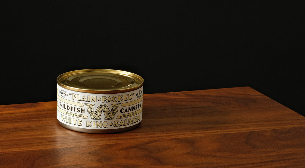 A can of packed White King Salmon from Wildfish Cannery