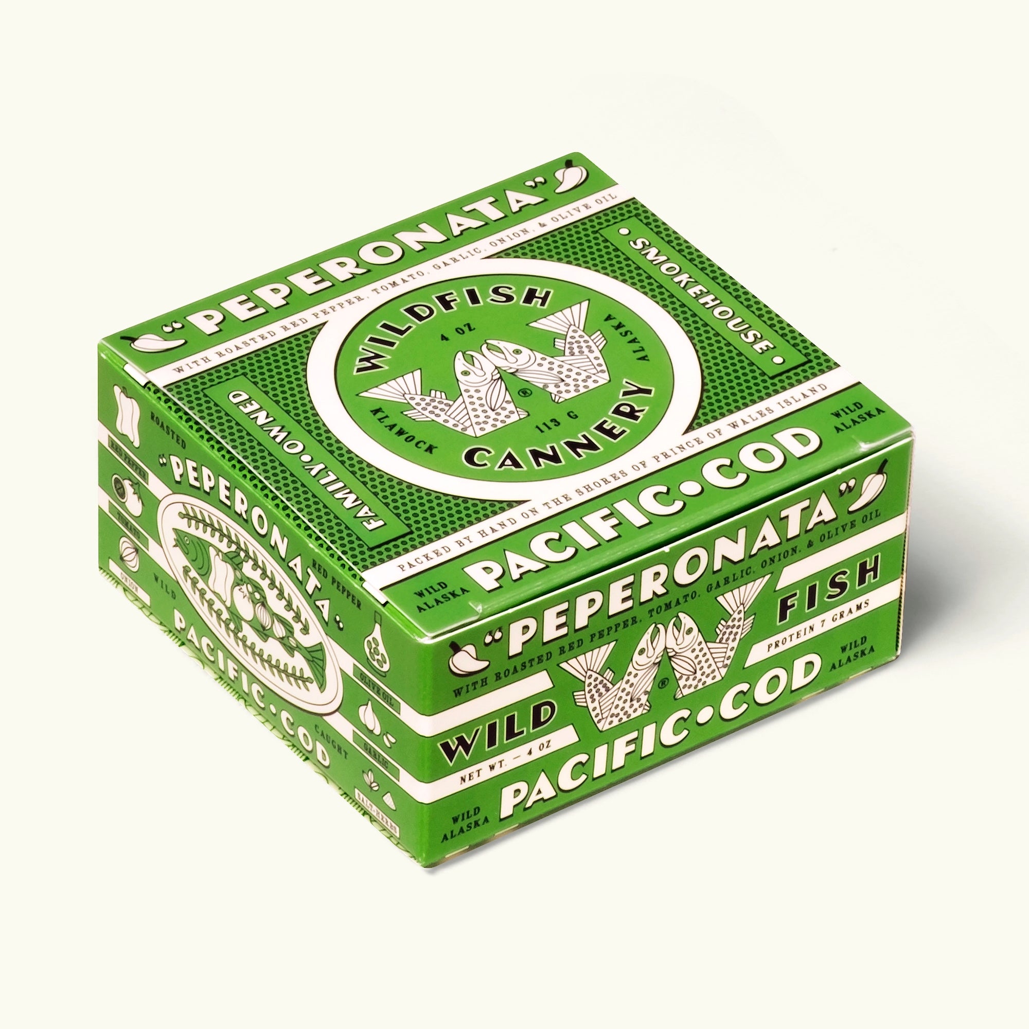 Green packaging of Peperonata Pacific Cod on a white background