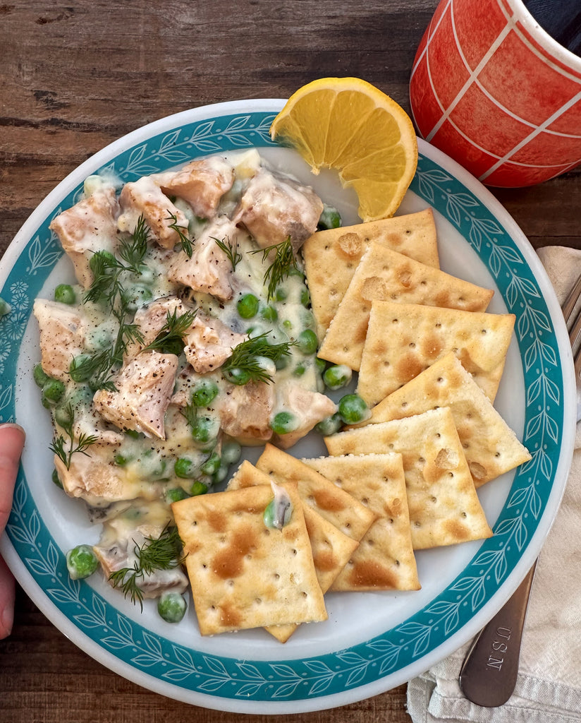 Plain Canned Salmon, peas, and saltines 
