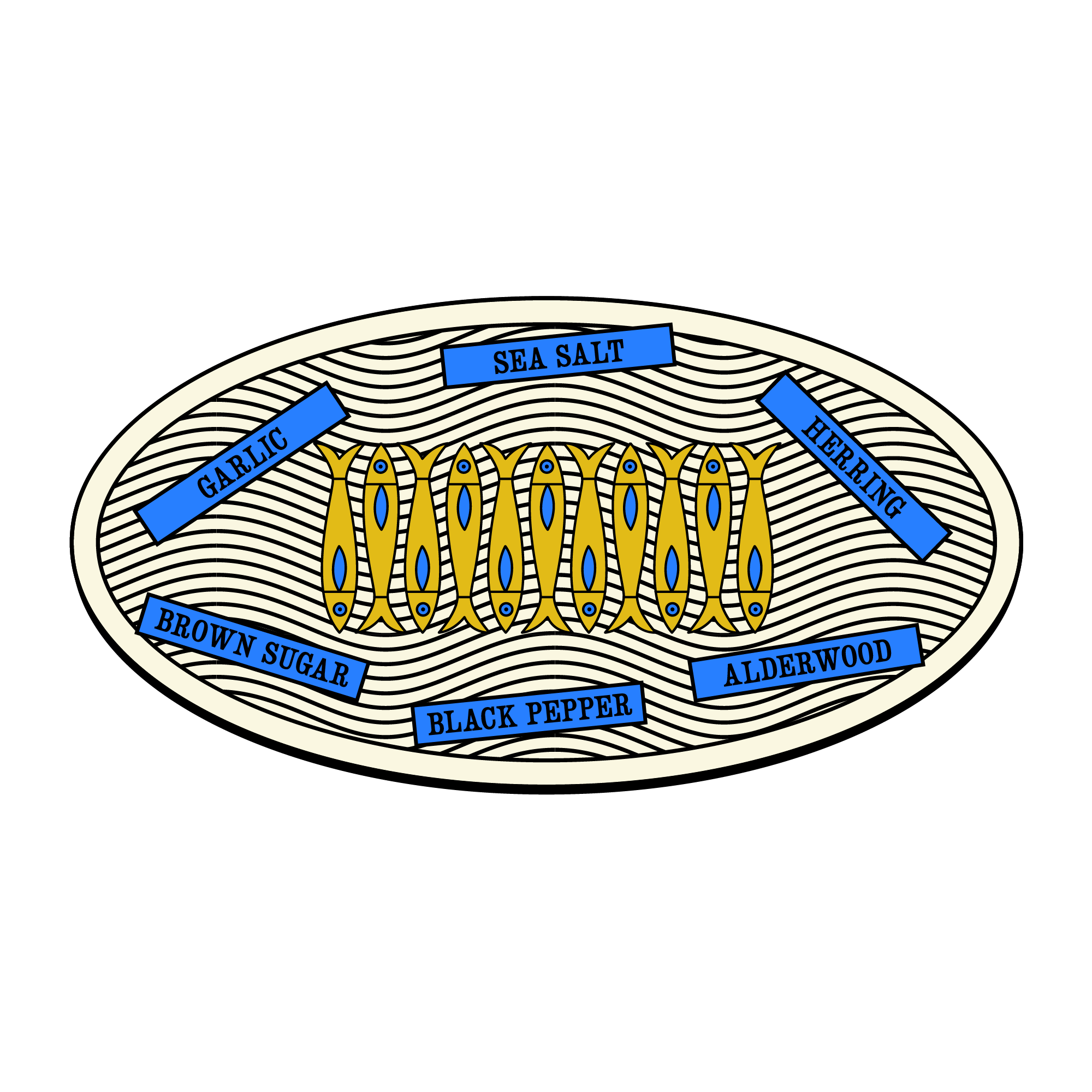 Diagram of fish with seasoning labels around it on a white background