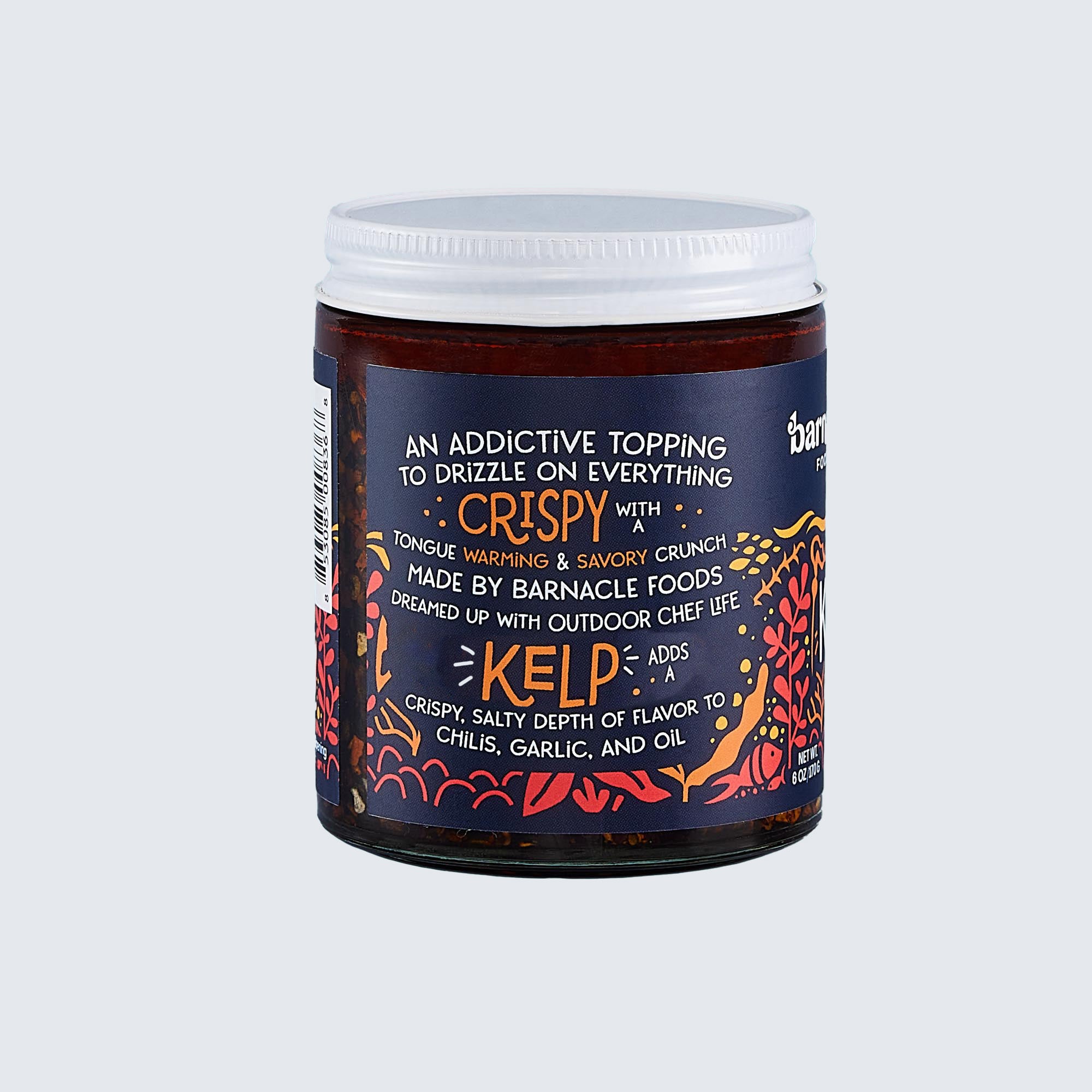 Jar of Barnacle Foods Kelp with colorful label on a light gray background