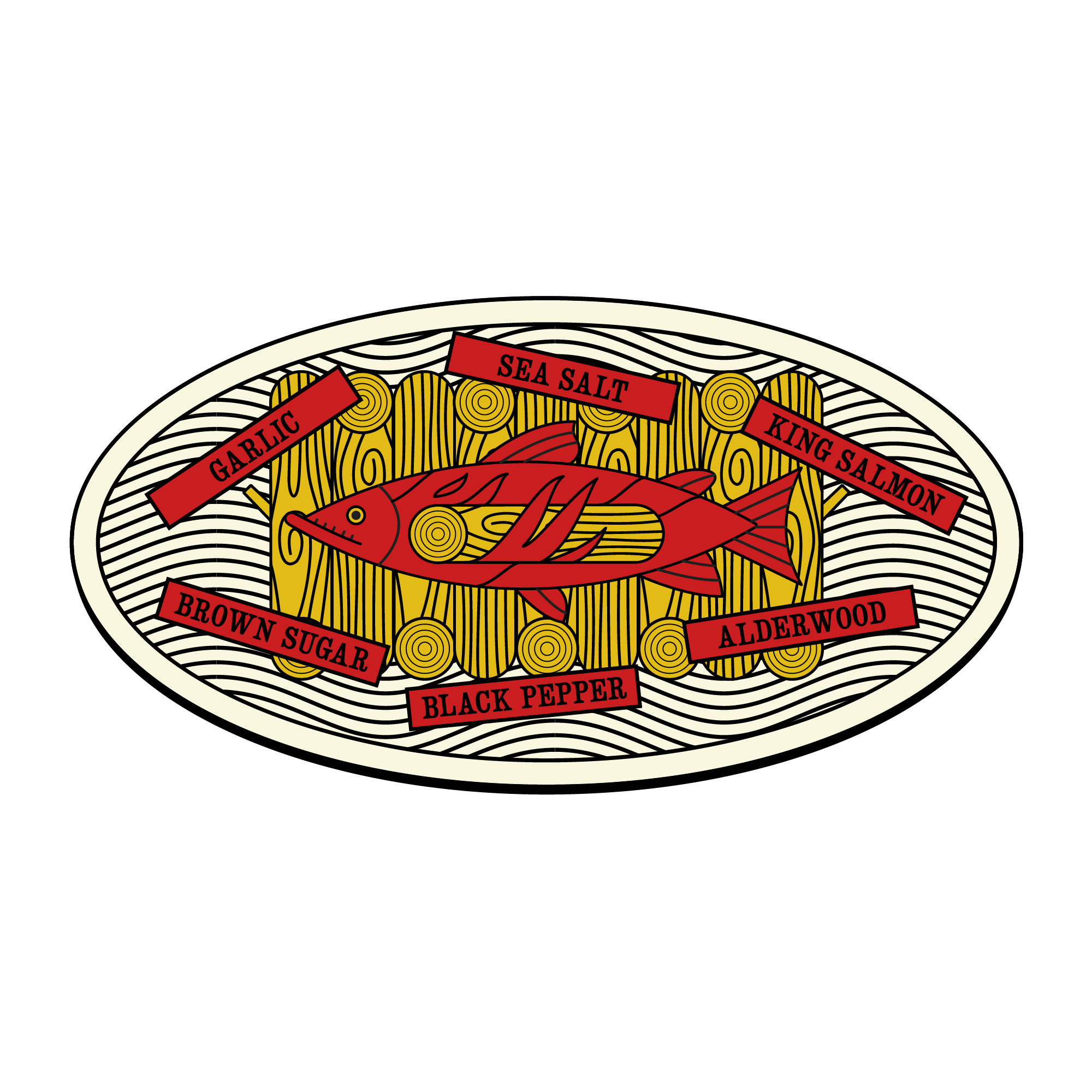 Decorative label with a fish design and text on a white background