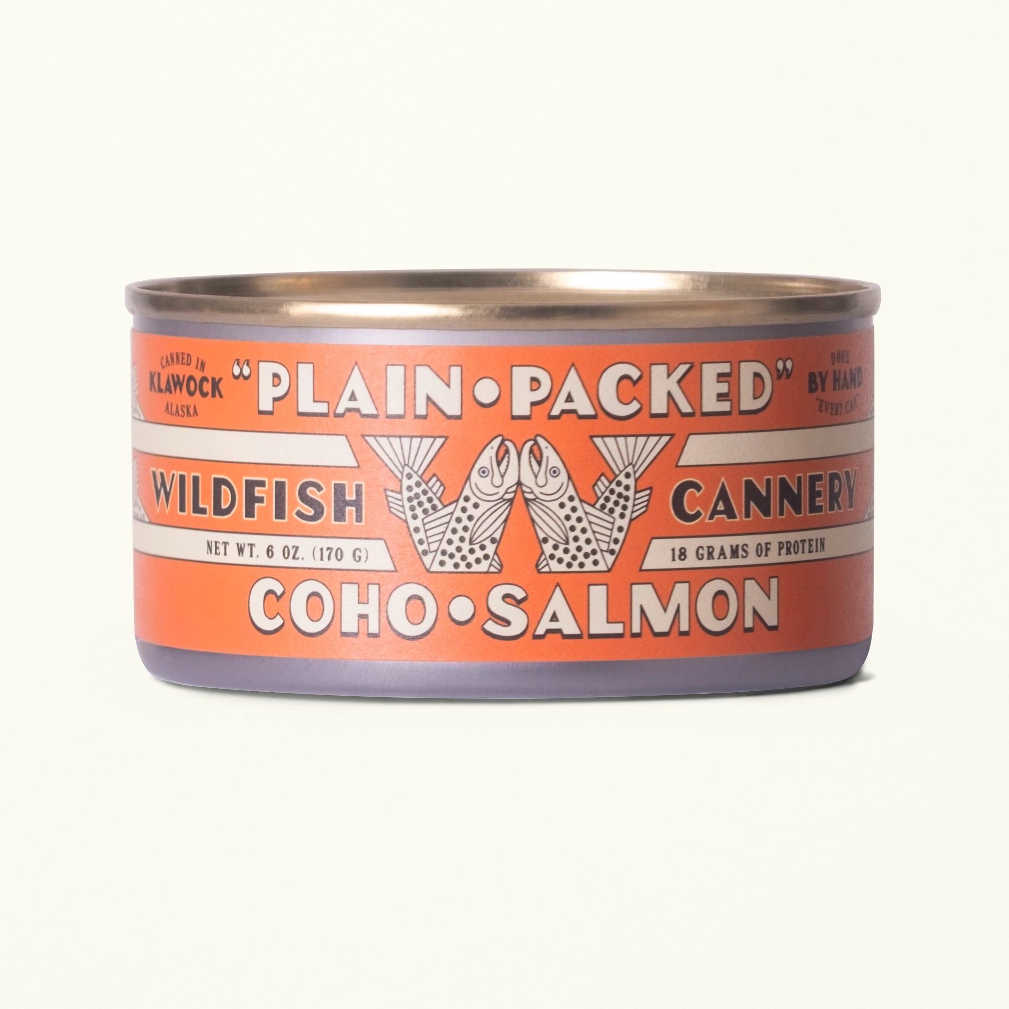 Can of Plain Packed Wildfish Canned Coho Salmon on a white background