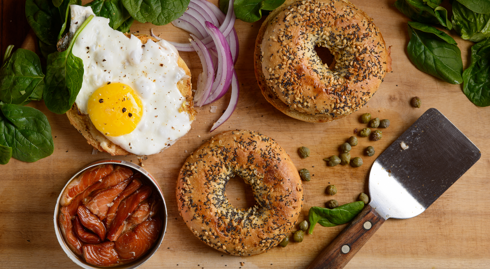 Bagels, egg, Wildfish Cannery salmon, red onions and capers