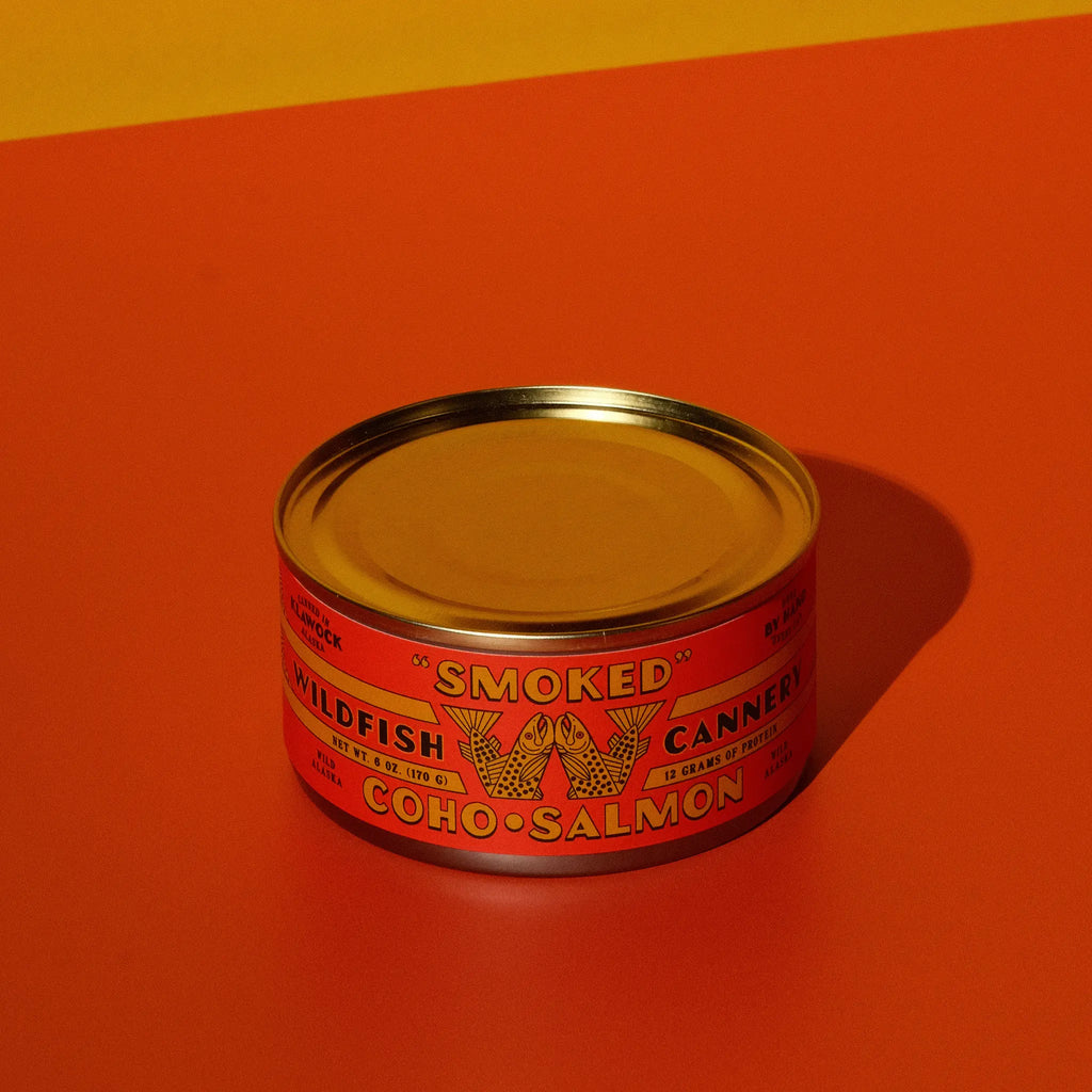 Single unopened can of Wildfish Smoked Coho Salmon
