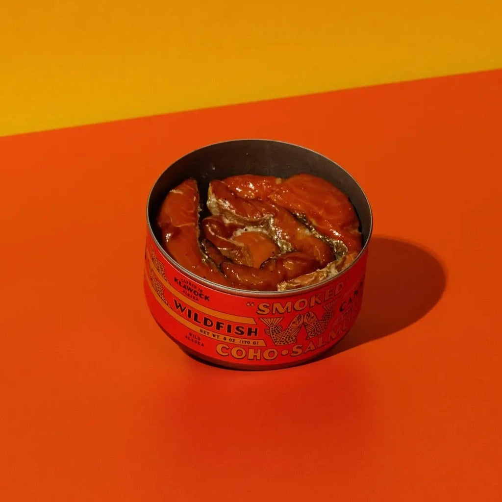 Single unopened can of Wildfish Smoked Coho Salmon
