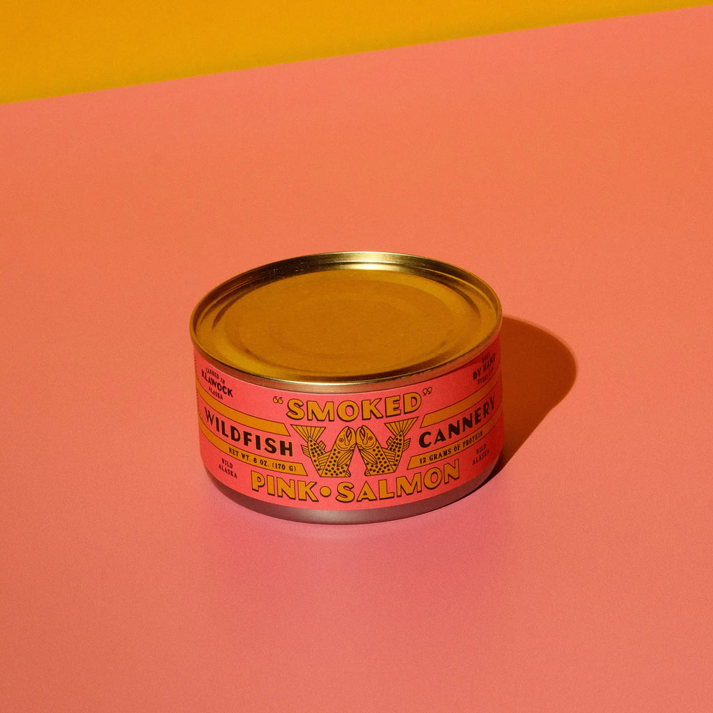 Single, unopened, can of Wildfish Smoked Pink Salmon