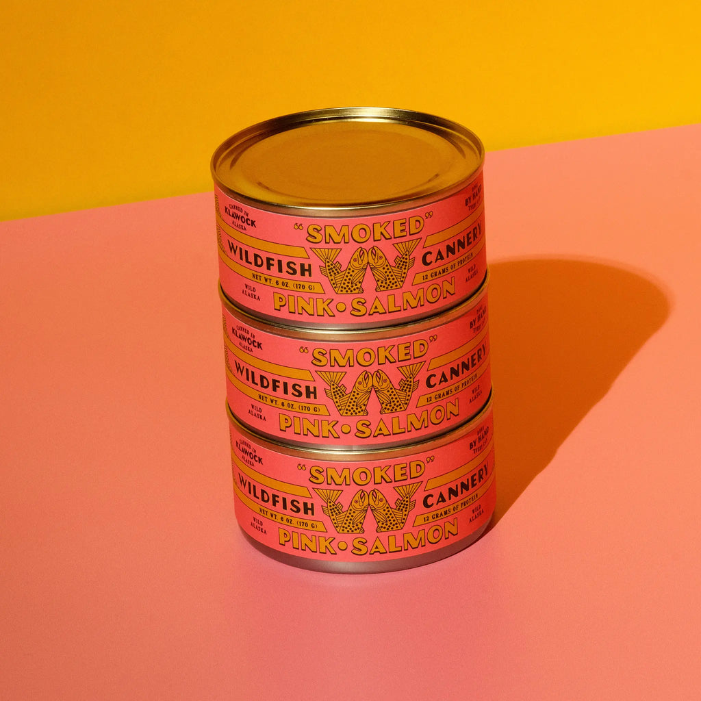 Three, unopened, cans of Wildfish Smoked Pink Salmon