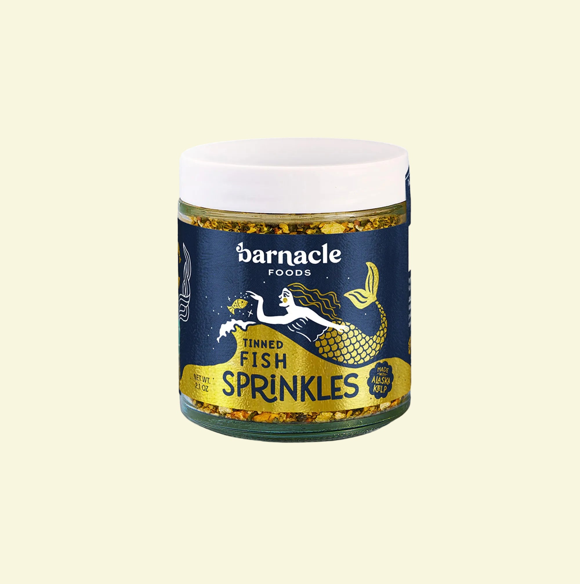 Jar of 'Tinned Fish Sprinkles' by Barnacle Foods on a white background