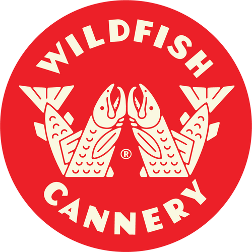 Wildfish Cannery logo with white text on red background 