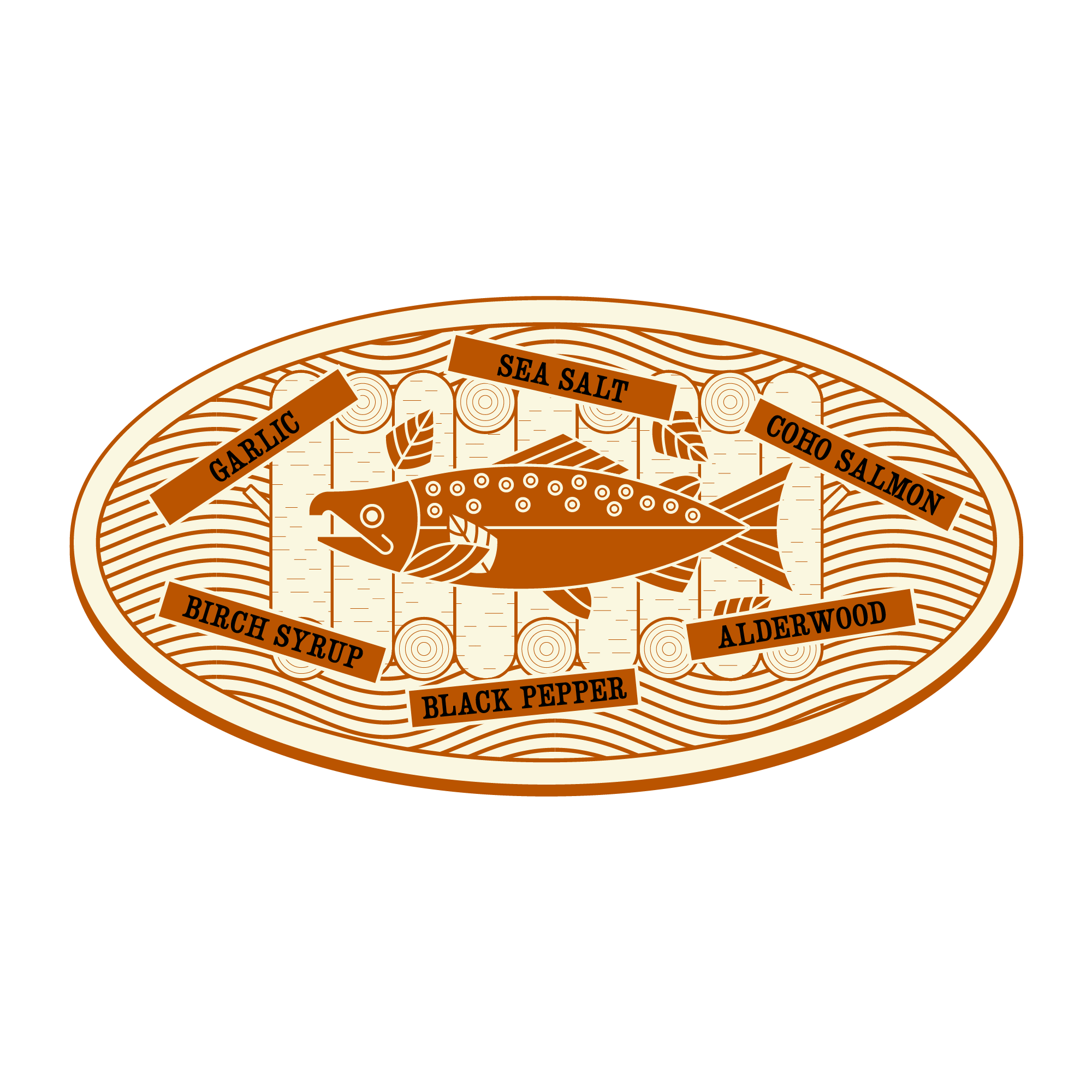 Salmon label with various seasoning names on a white background