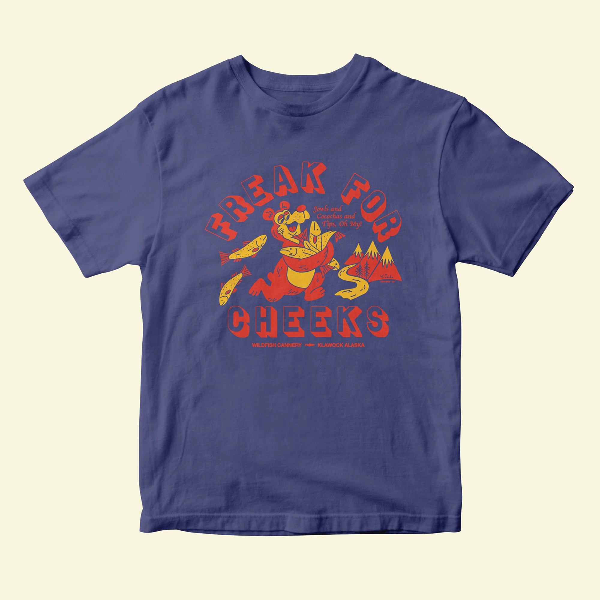 Blue t-shirt with red and yellow graphic design on a beige background