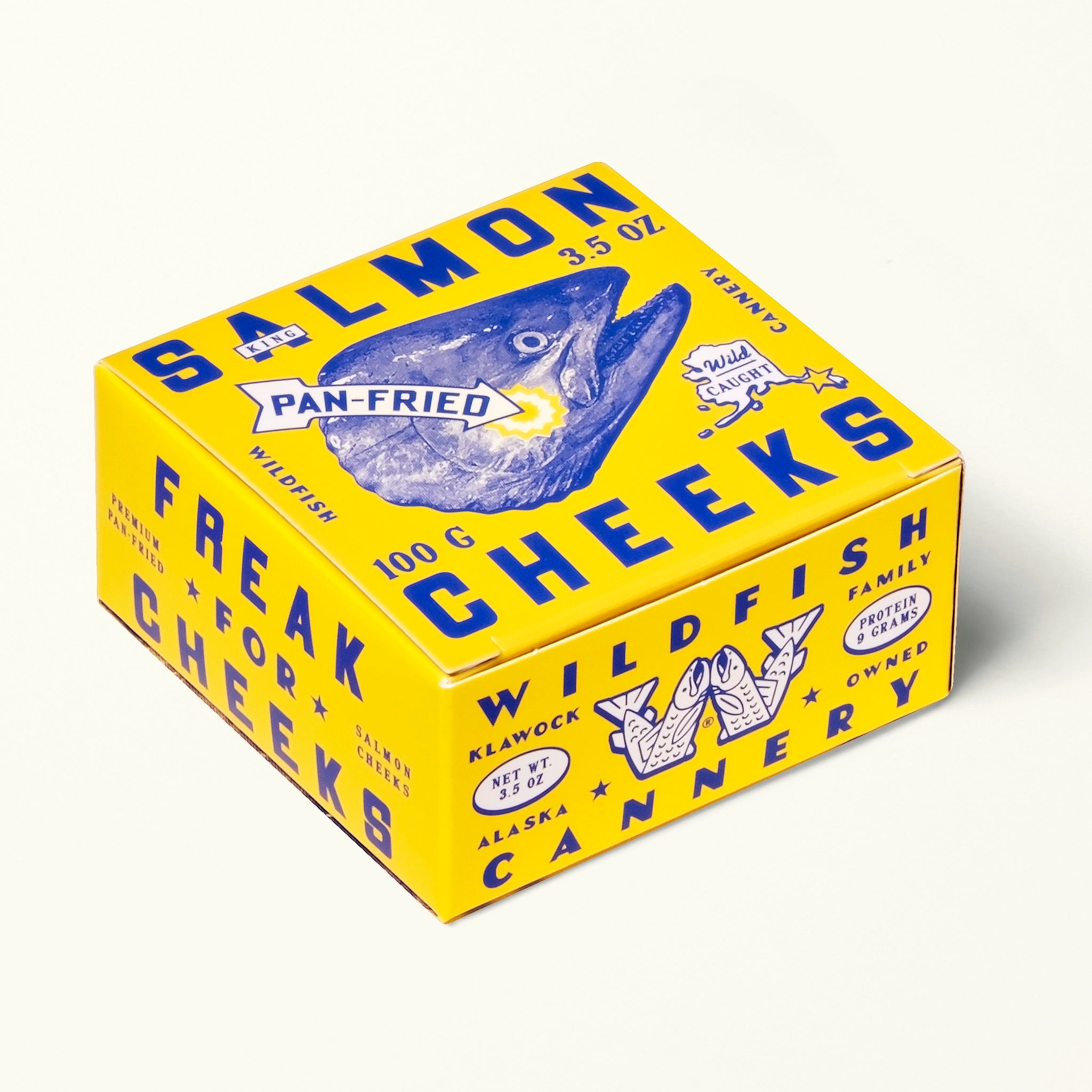 Yellow box of wild fish can with salmon illustration and text