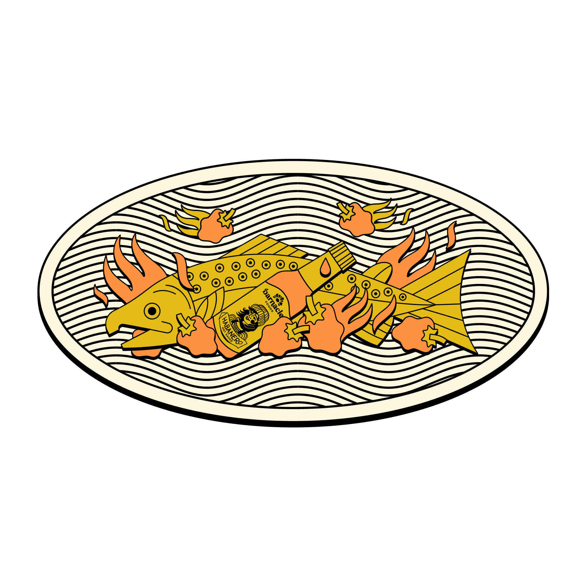 Illustration of a stylized fish with orange accents on a wavy line patterned background