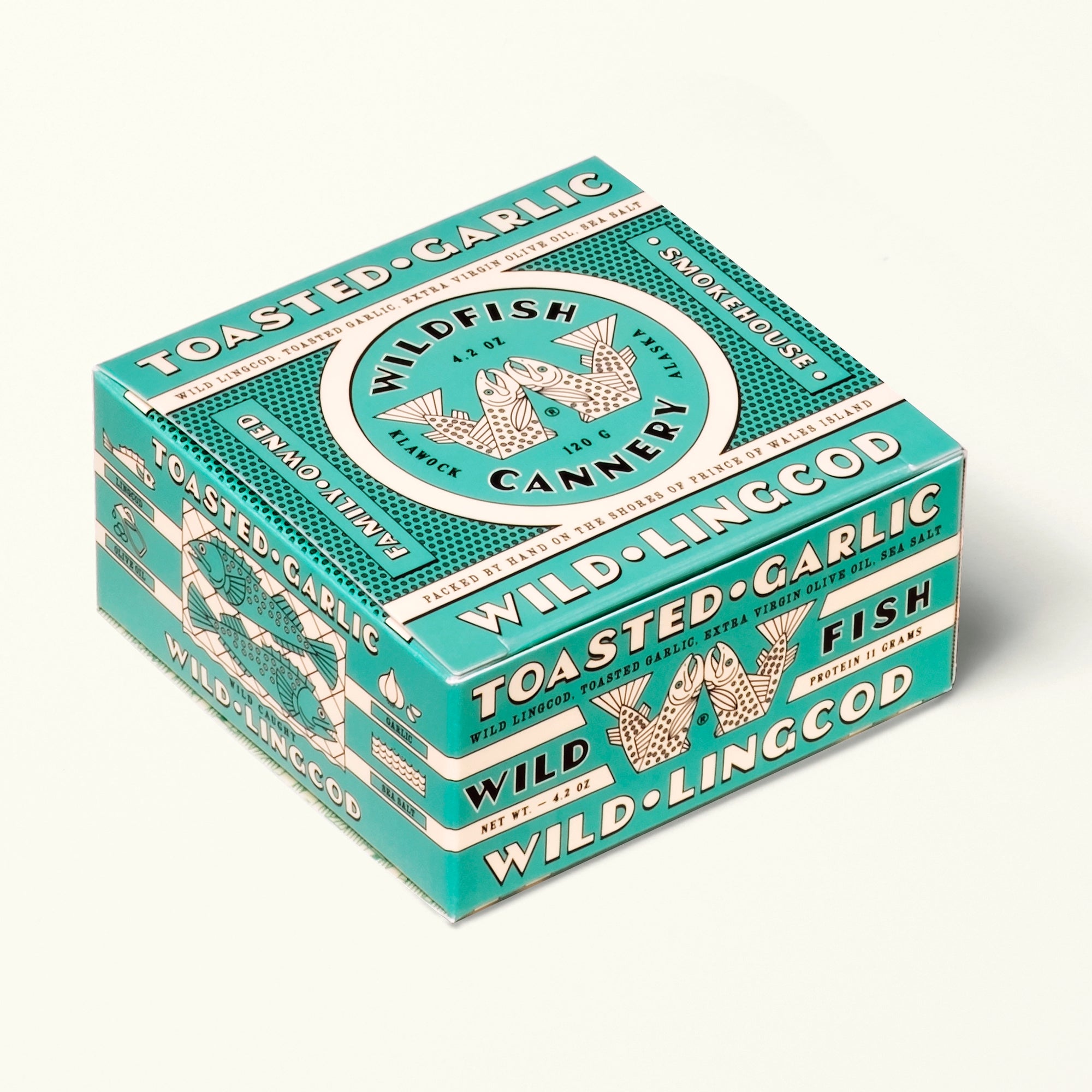 Box of Wildfish Cannery Wild Lingcod Toasted Garlic fish product on a white background