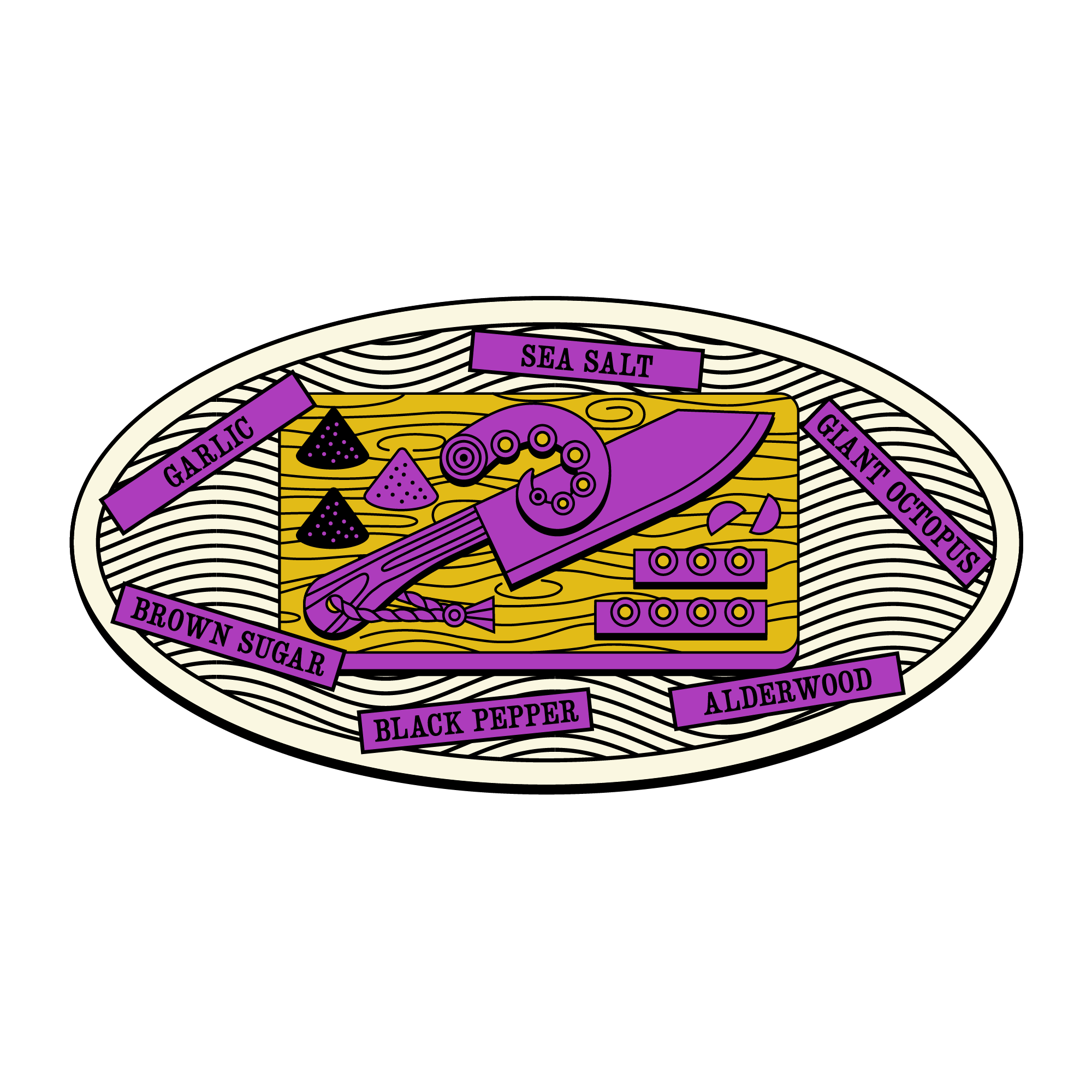 Oval-shaped label with purple text and graphics on a white background