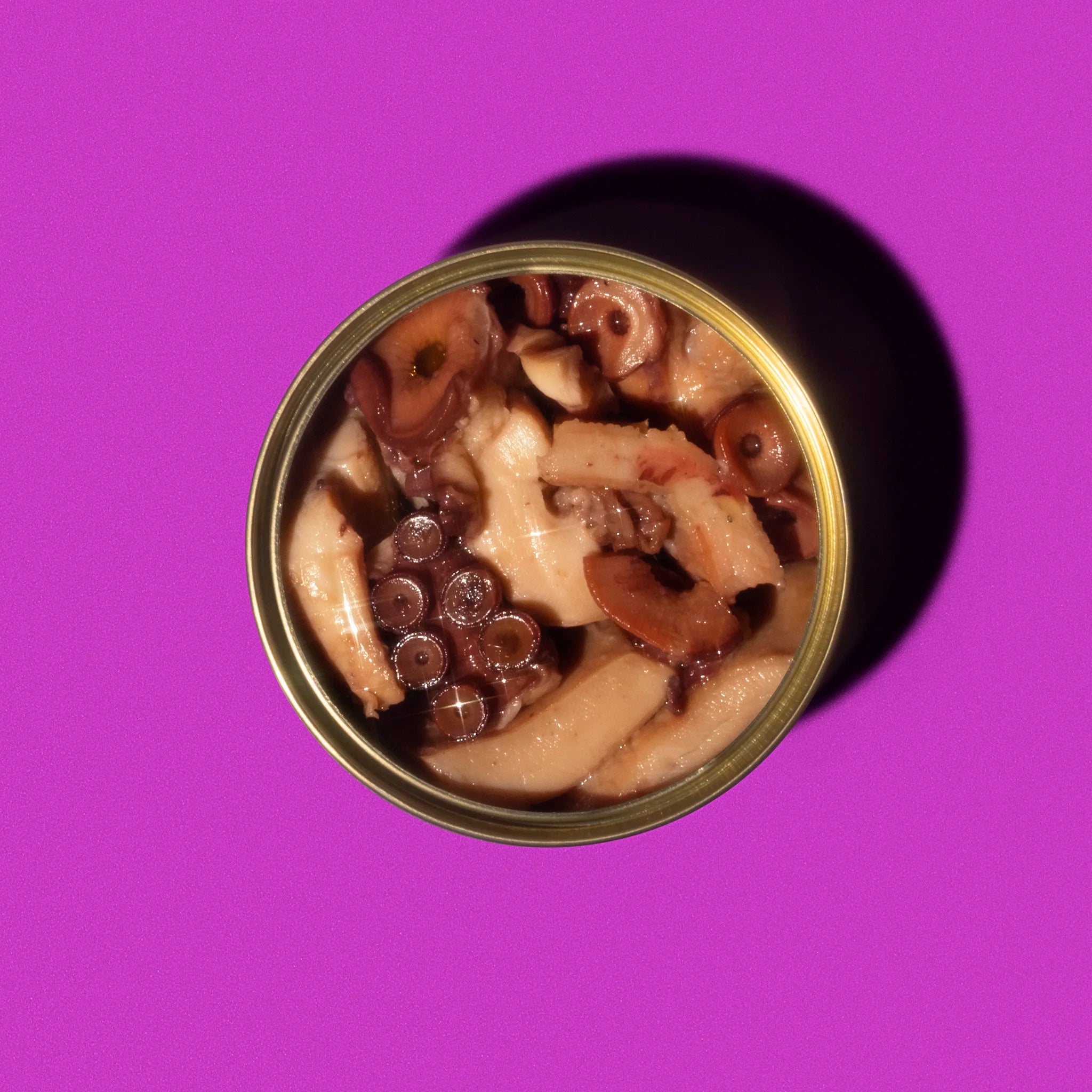 Canned food with mushrooms and chocolate pieces on a purple background