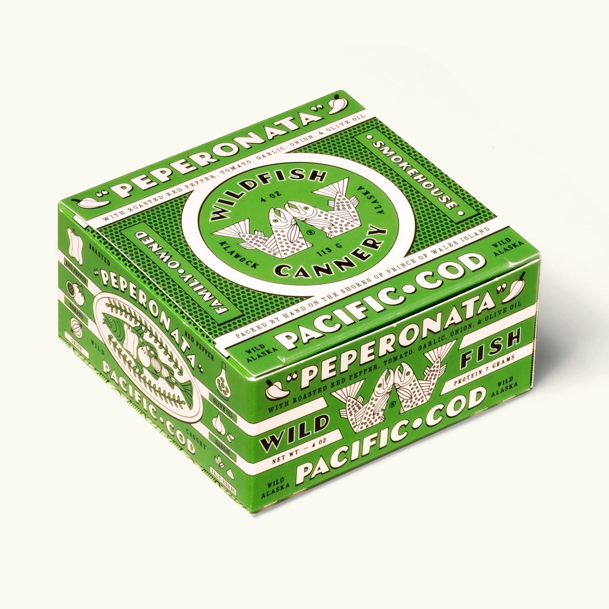 Green packaging of Peperonata Pacific Cod on a white background
