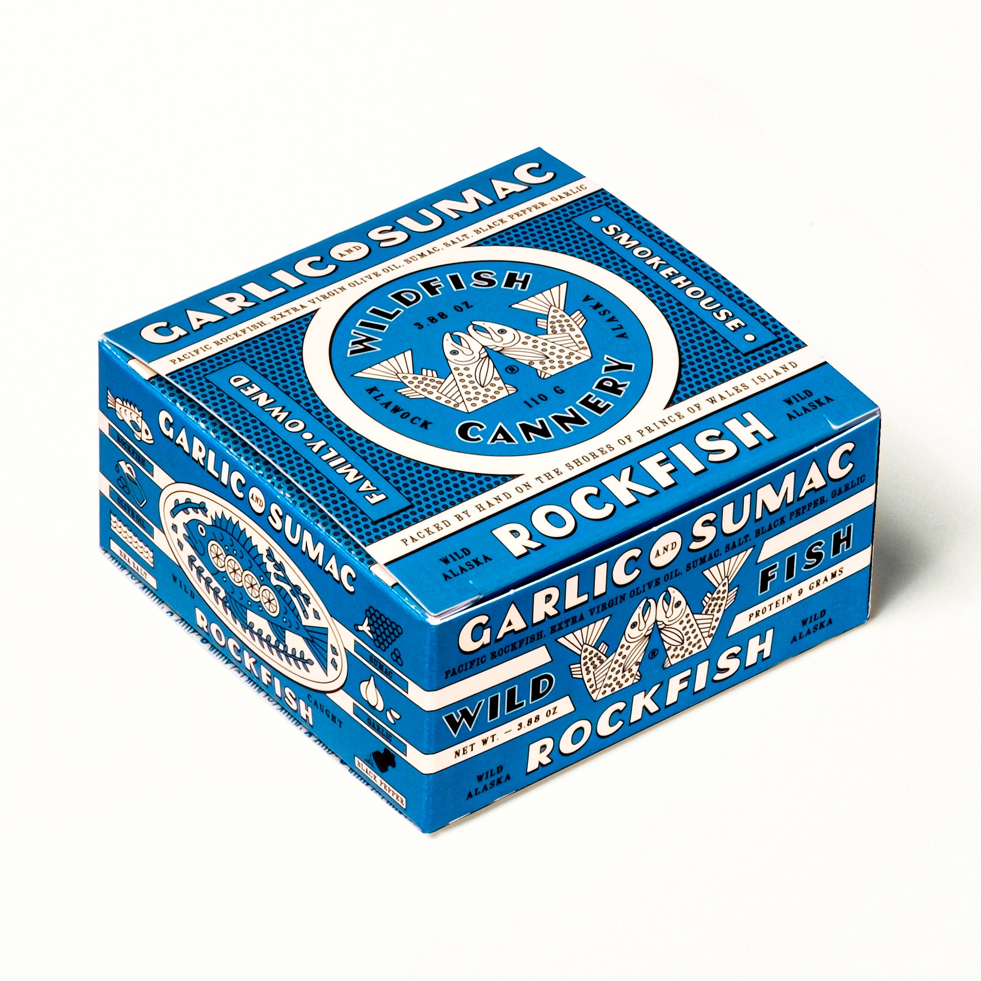 Blue packaging box with white text and graphics on a white background