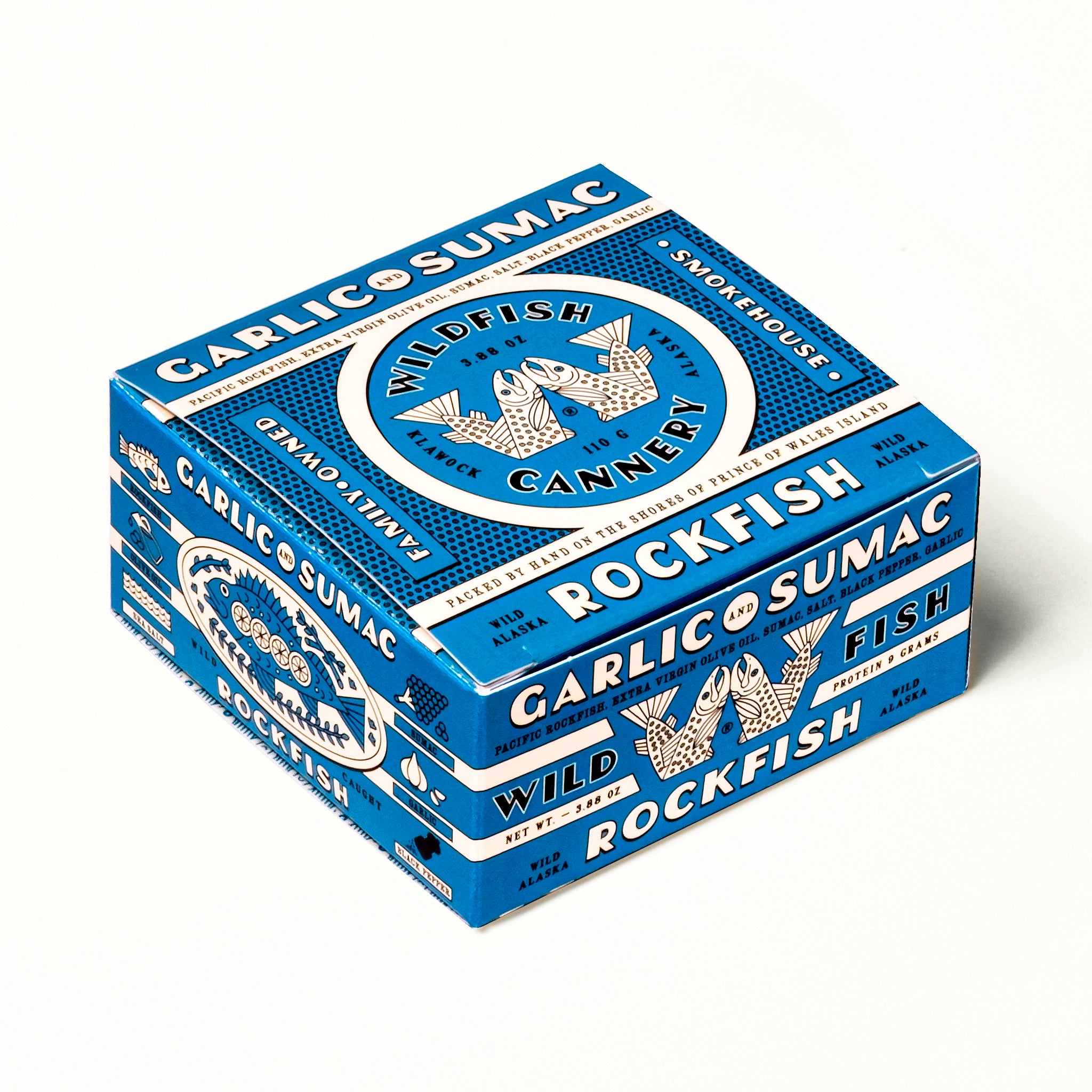 Blue packaging box with white text and graphics on a white background