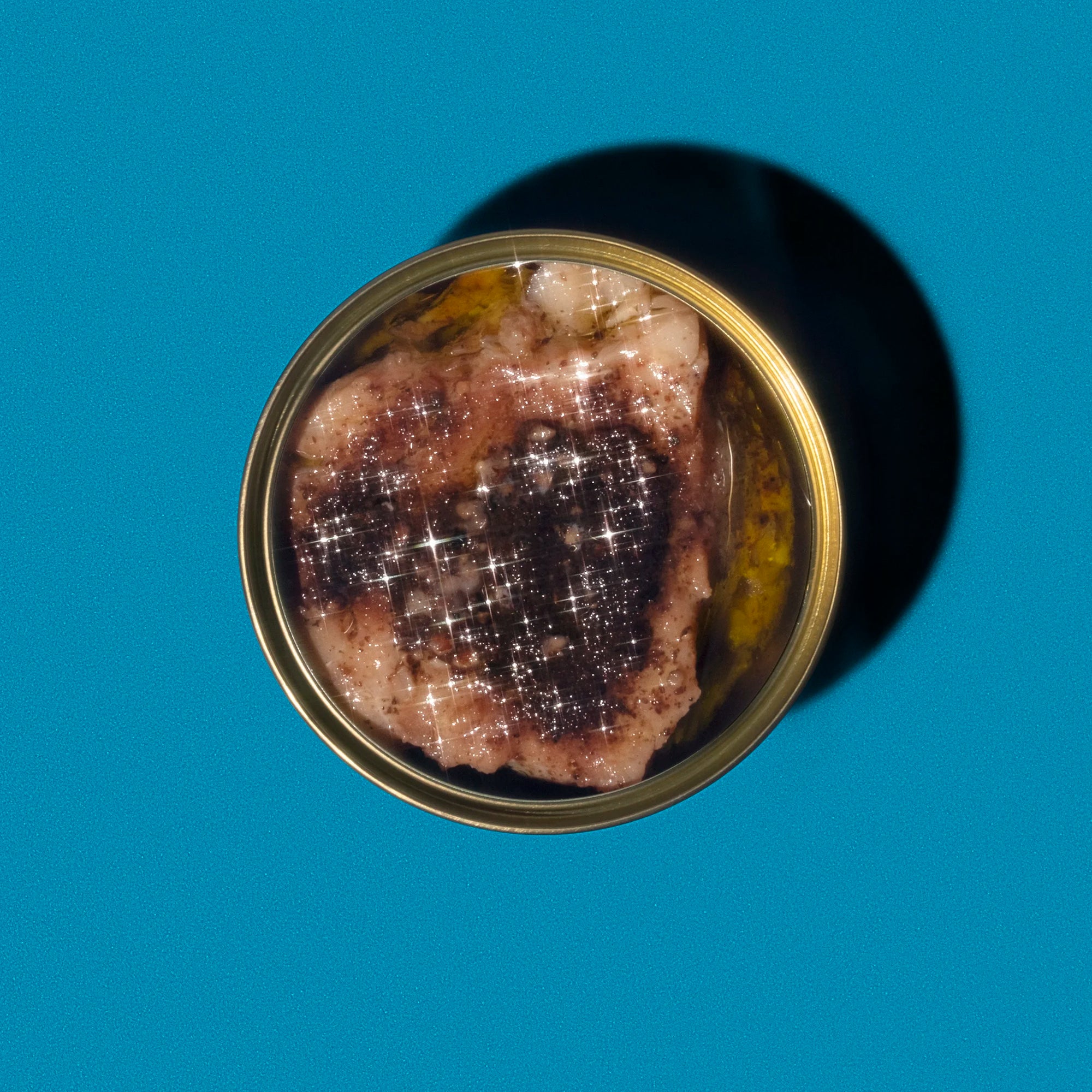 Top-down view of a can with a lid on a blue background
