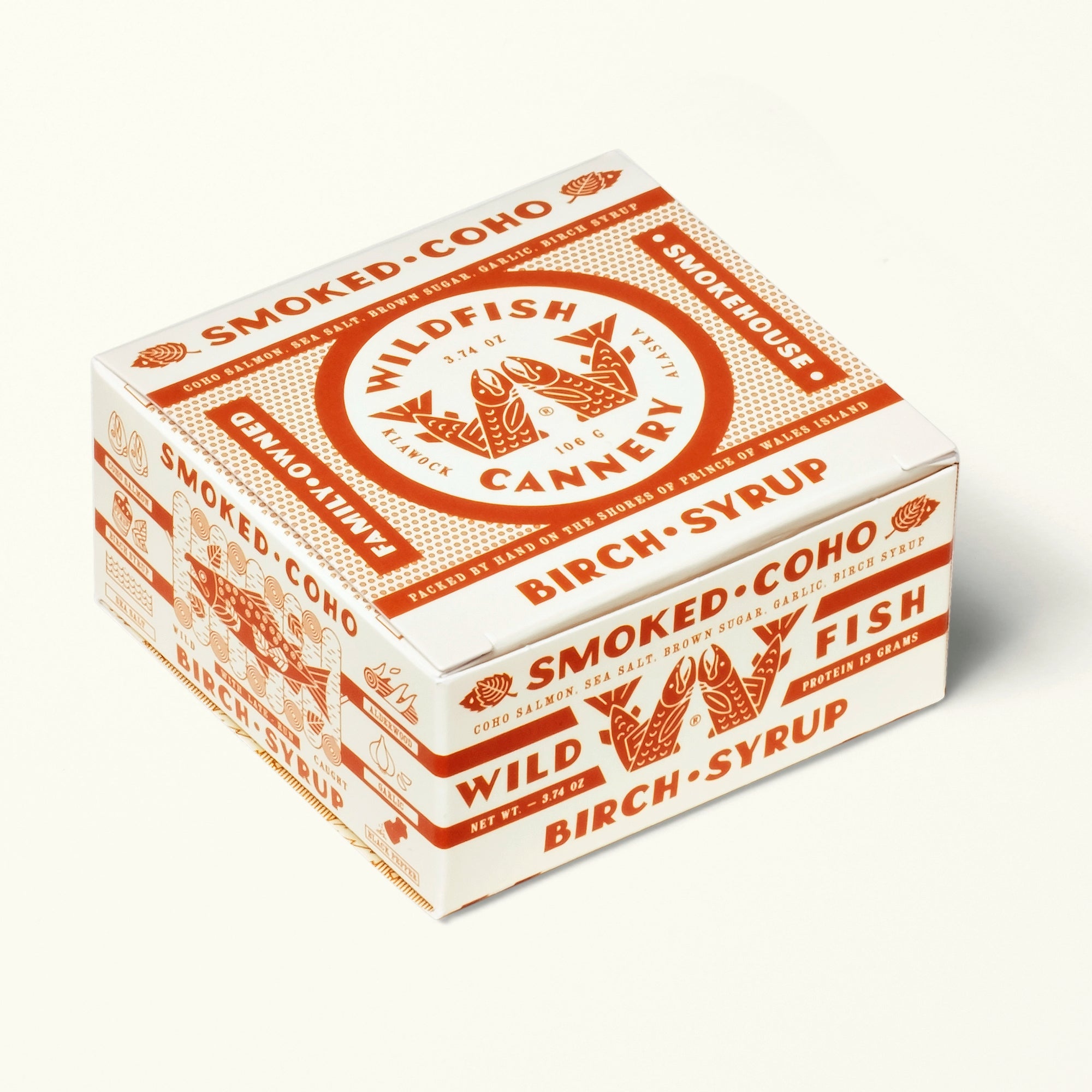 Box from Wildfish Cannery with red and white design on a white background