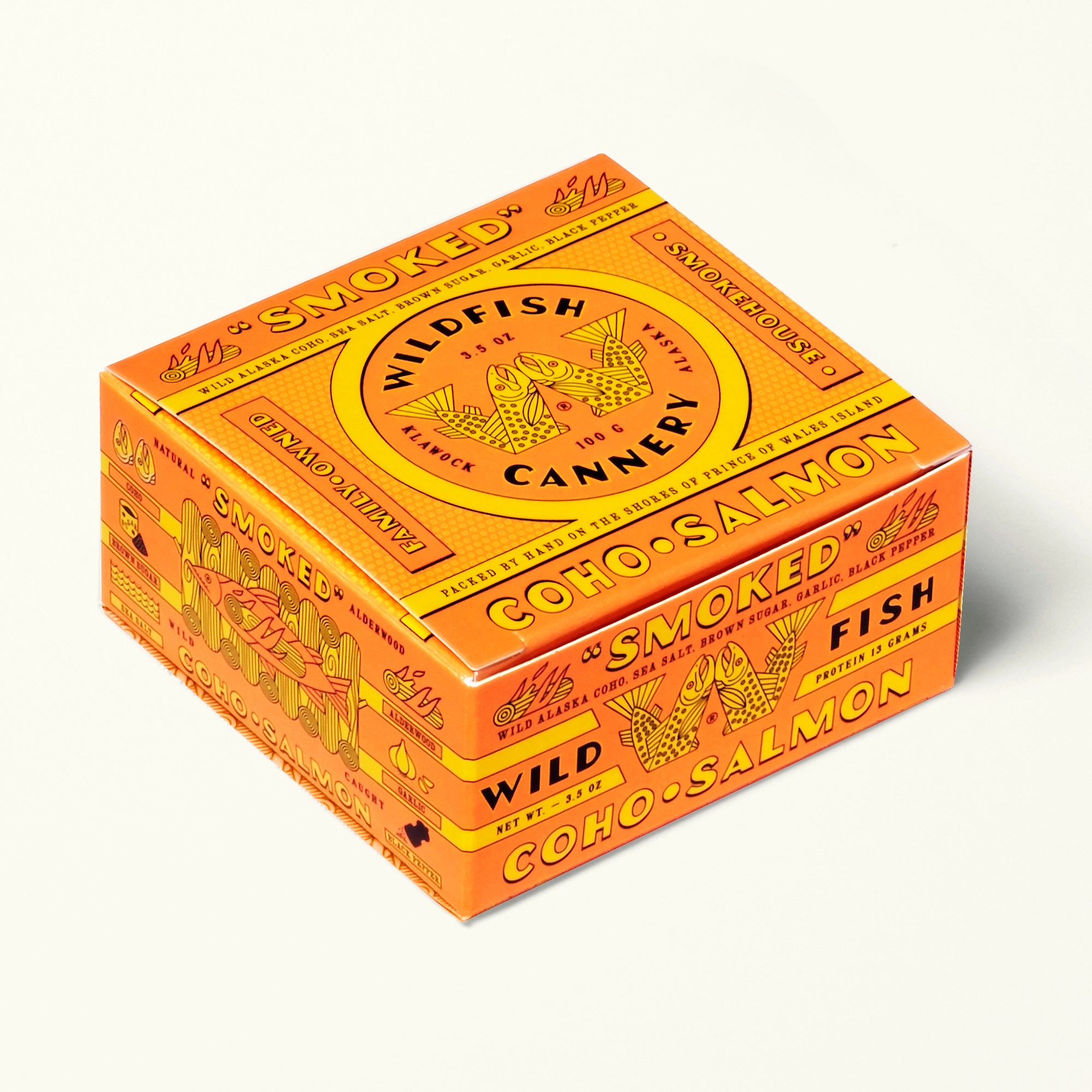 Orange packaging box with 'Wildfish Cannery' branding on a white background