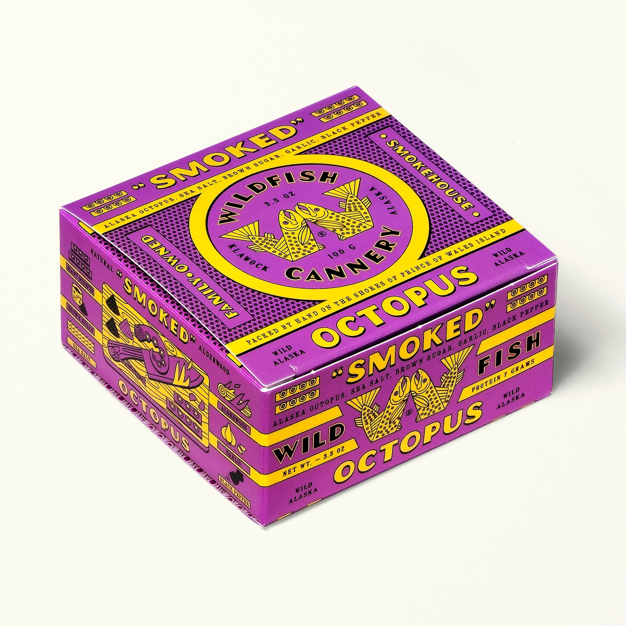 Purple and yellow box of Wildfish Cannery smoked fish on a white background