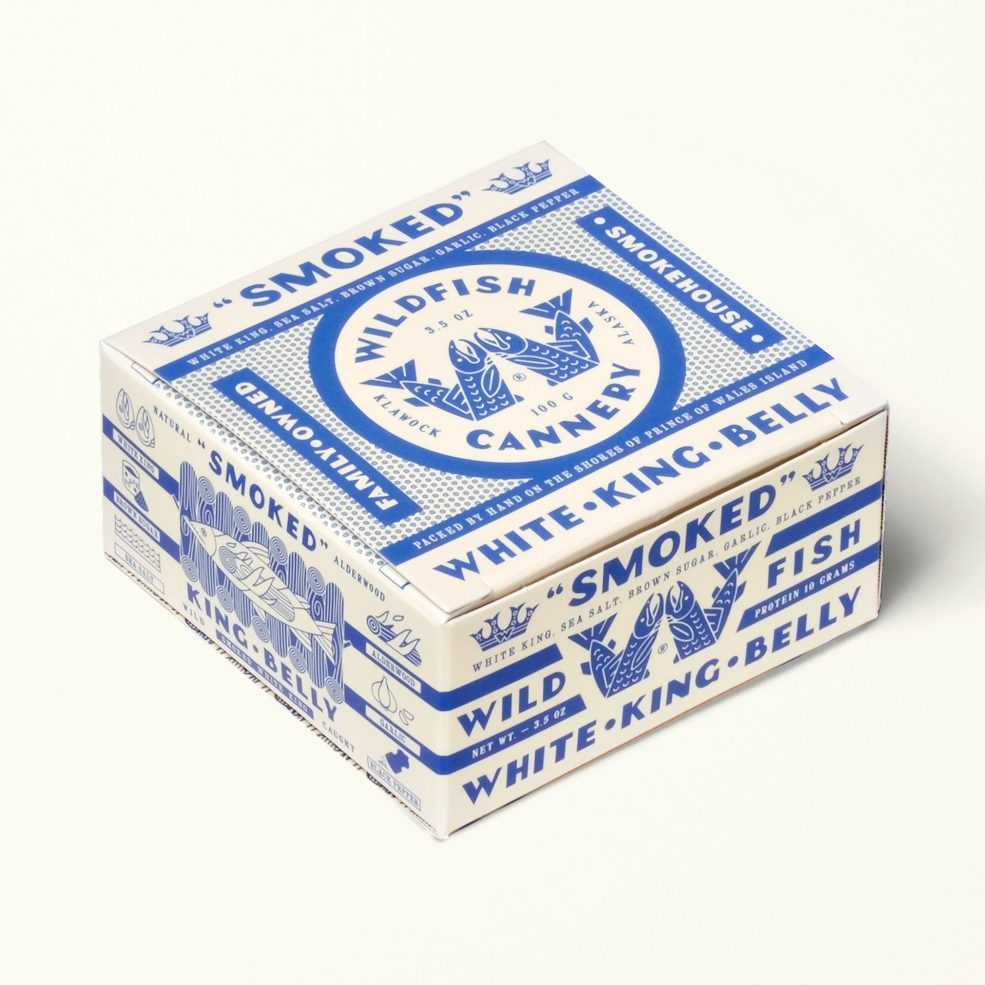 Box with 'Smoked Wildfish Cannery' branding on a white background