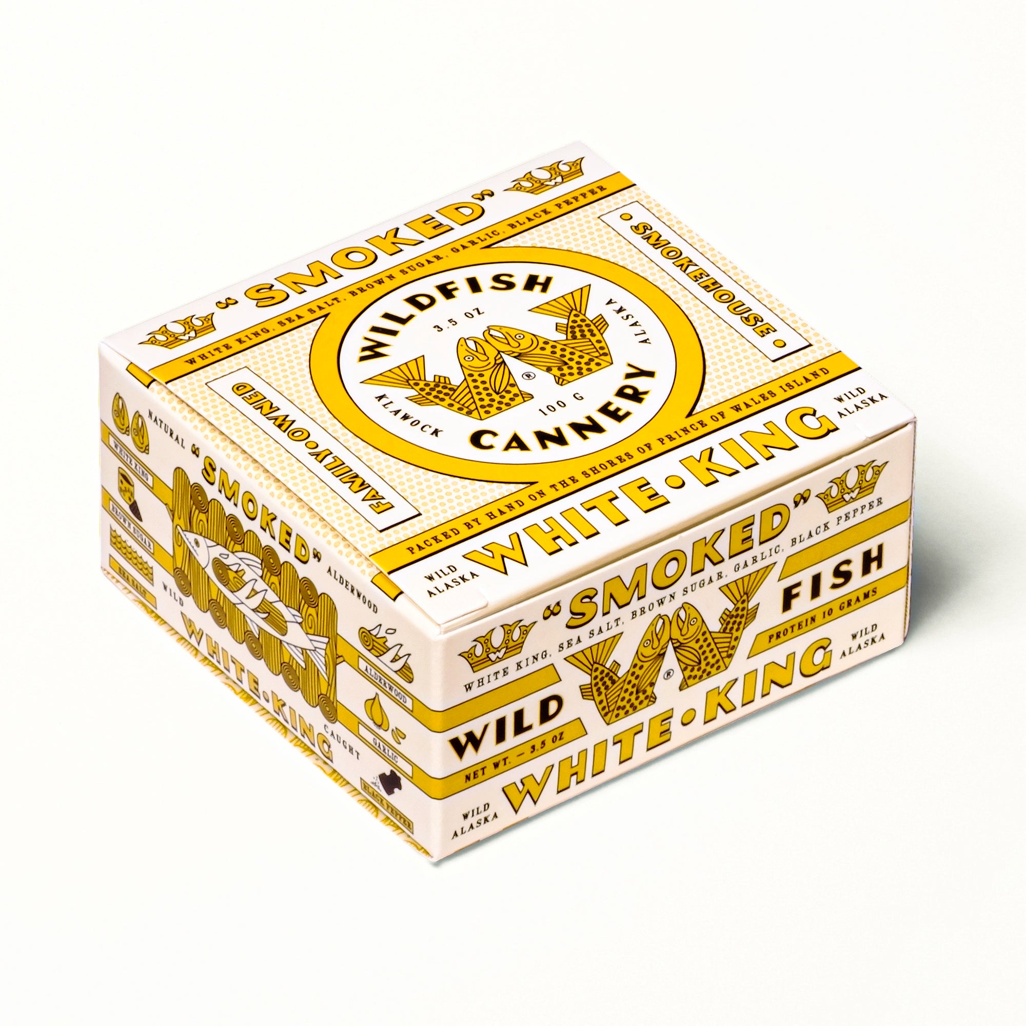Vintage-style packaging box with 'Wildfish Cannery' branding on a white background