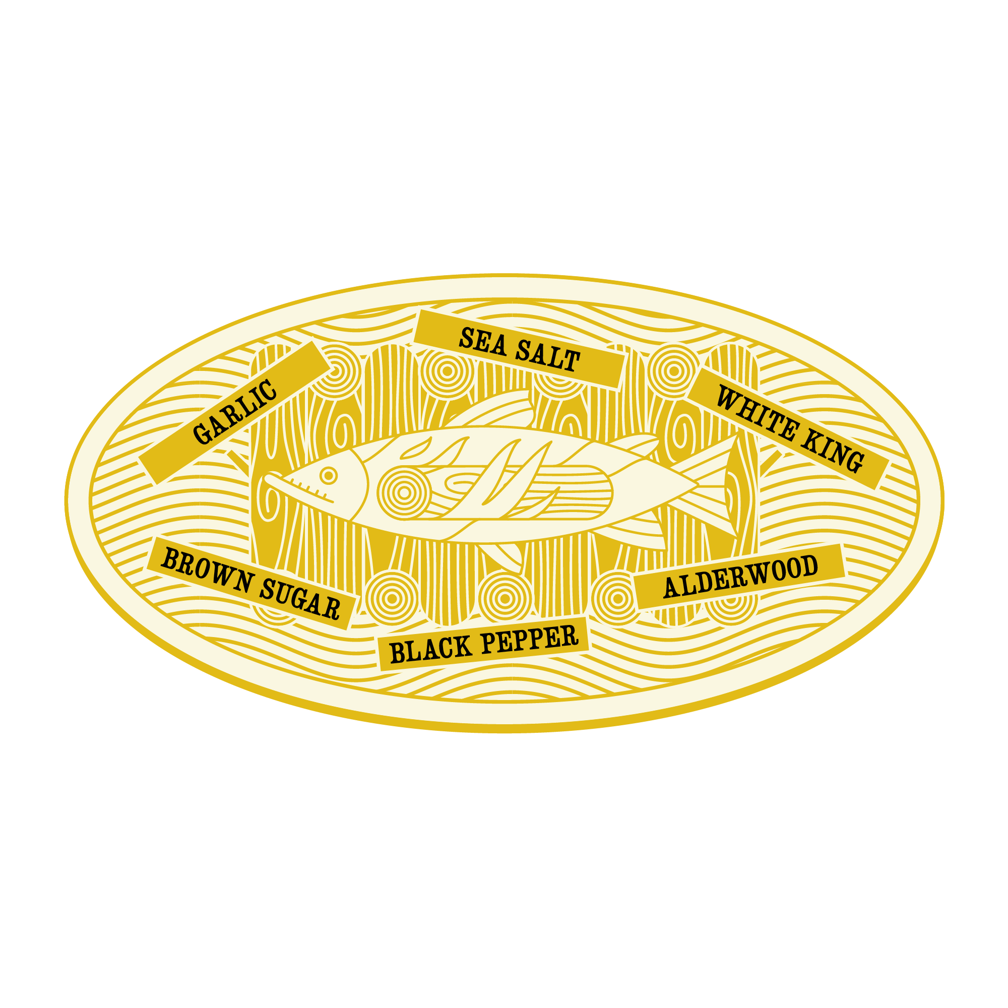 Decorative label with a fish illustration and text on a white background