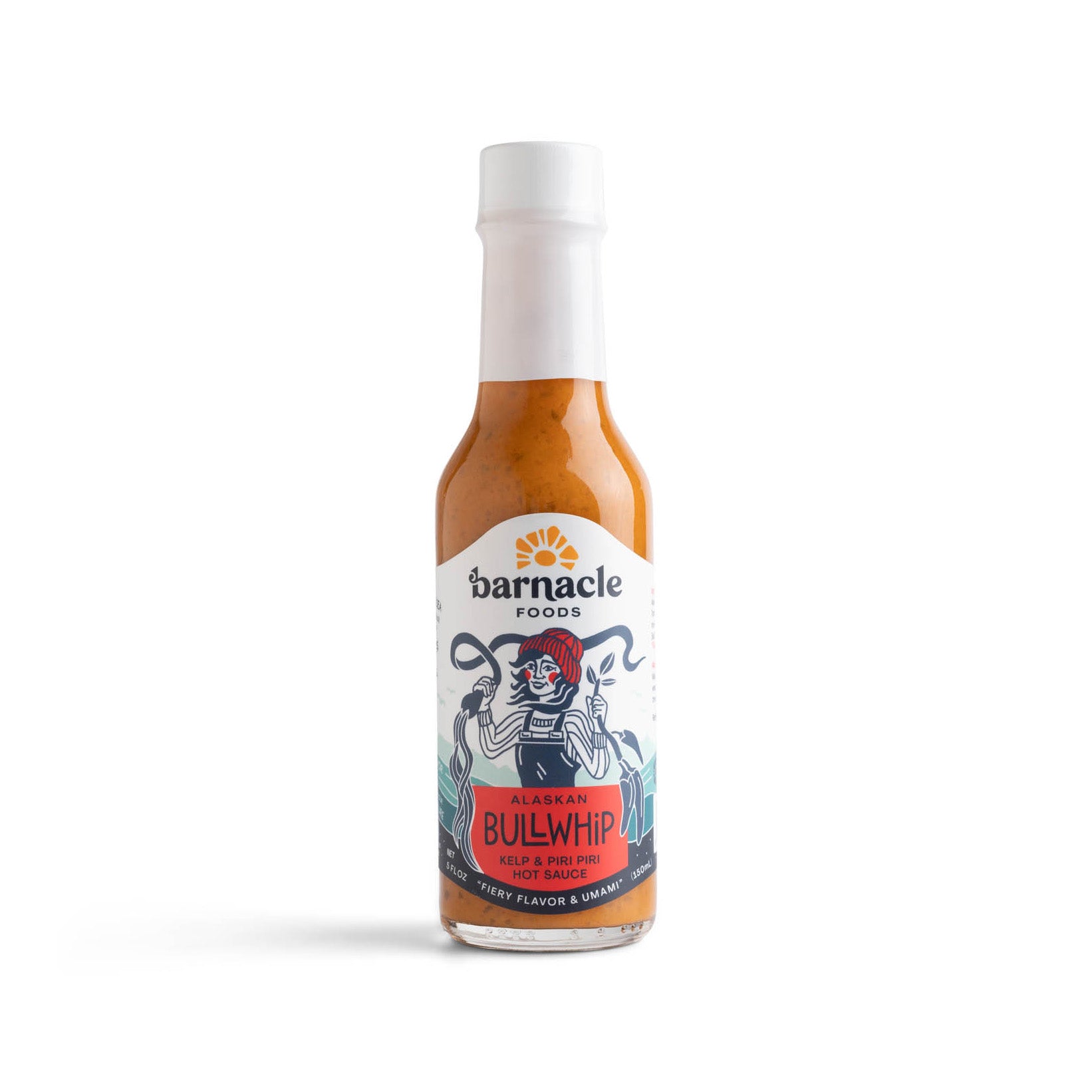 A bottle of 'Bullwhip' Kelp Hot Sauce with a label featuring a barnacle design and the name of the sauce prominently displayed.