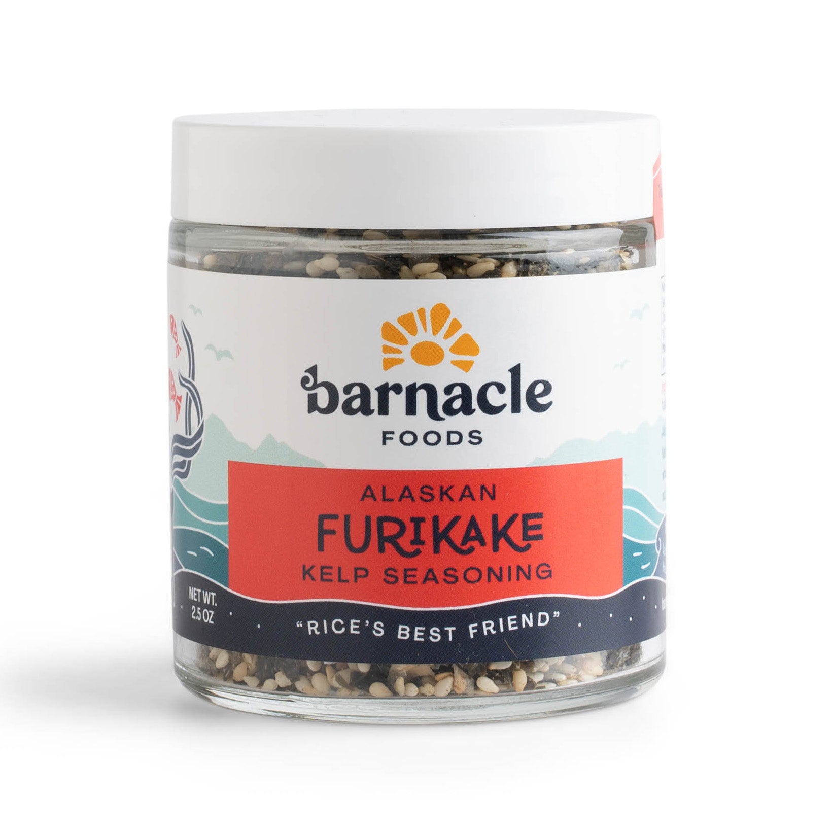 A jar of Furikake Kelp Seasoning with the brand 'barnacle foods' visible on the label, against a white background.