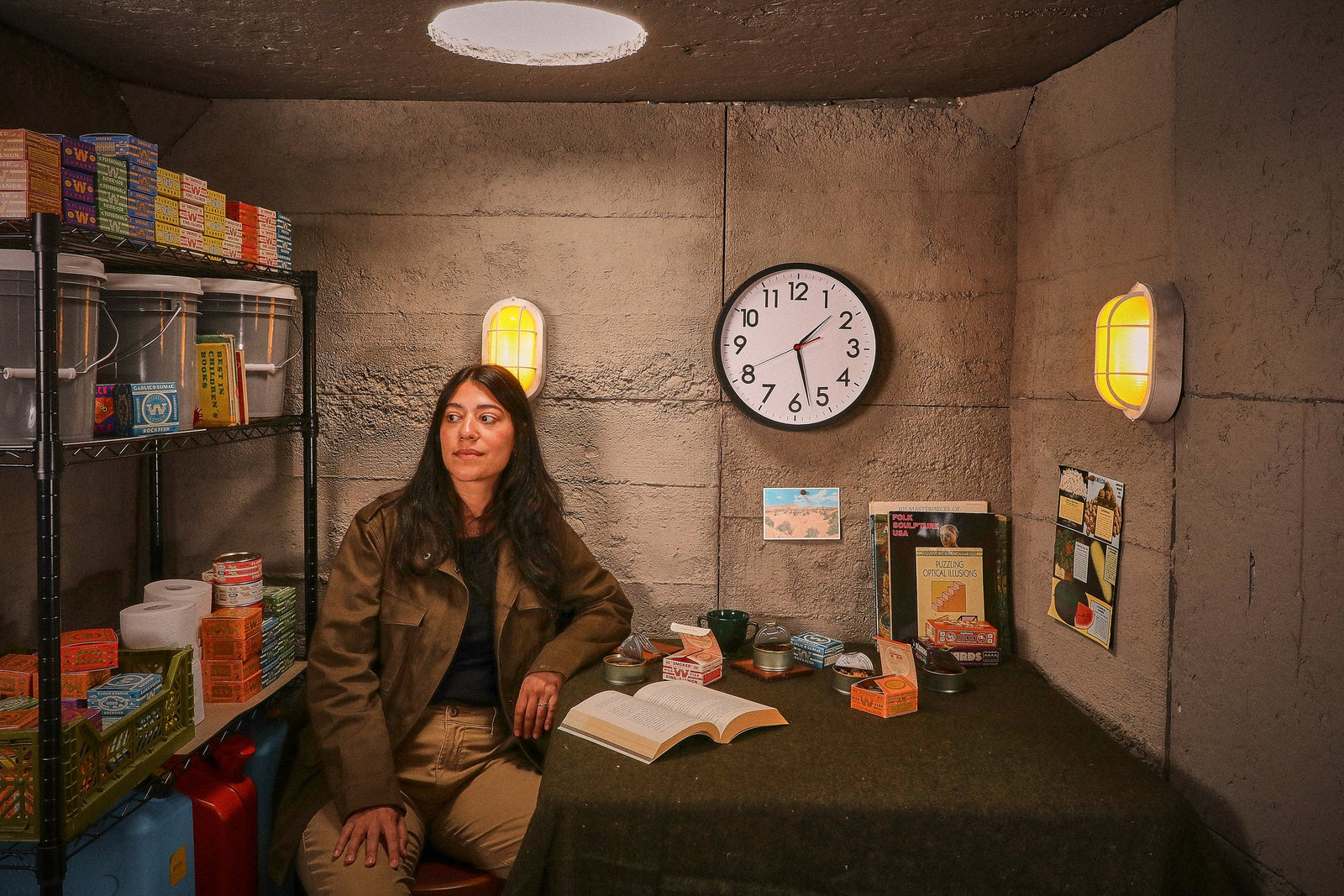The woman sits at the table by the shelves, an open book in front of her.